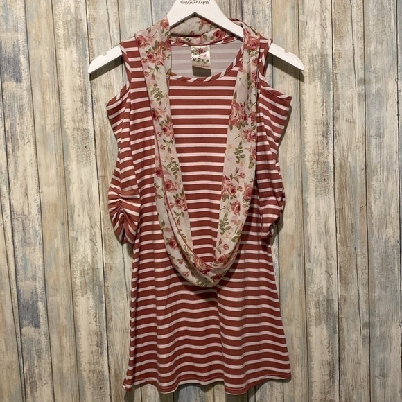 Jenna & Jessie | Girls Off the shoulder scarf attached floral striped dress - Picture 9 of 9